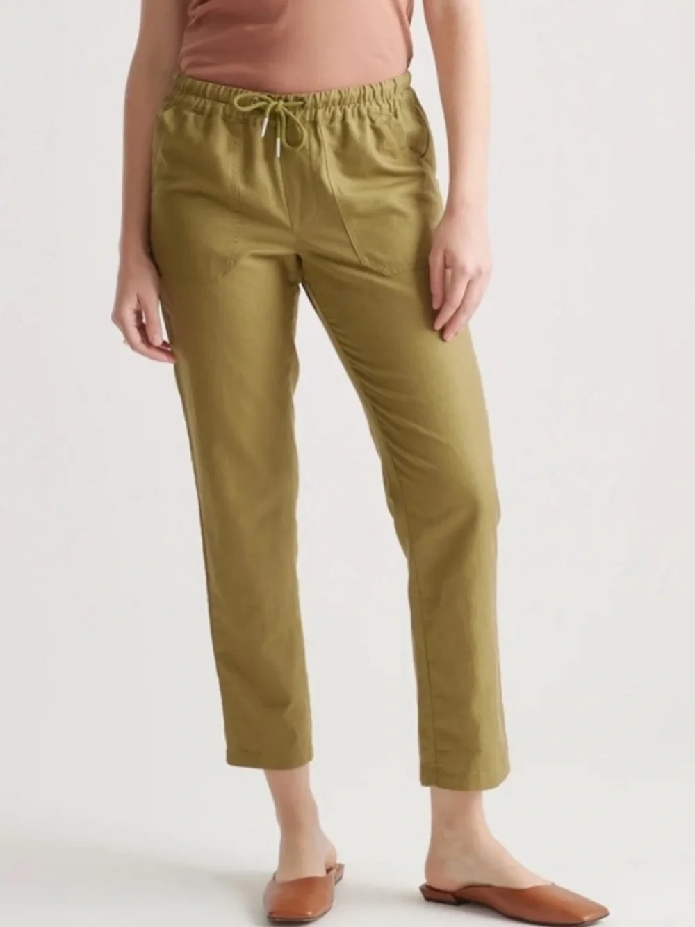 Quince Organic Cotton Linen Twill Straight Leg Pant Army Green Crop Medium